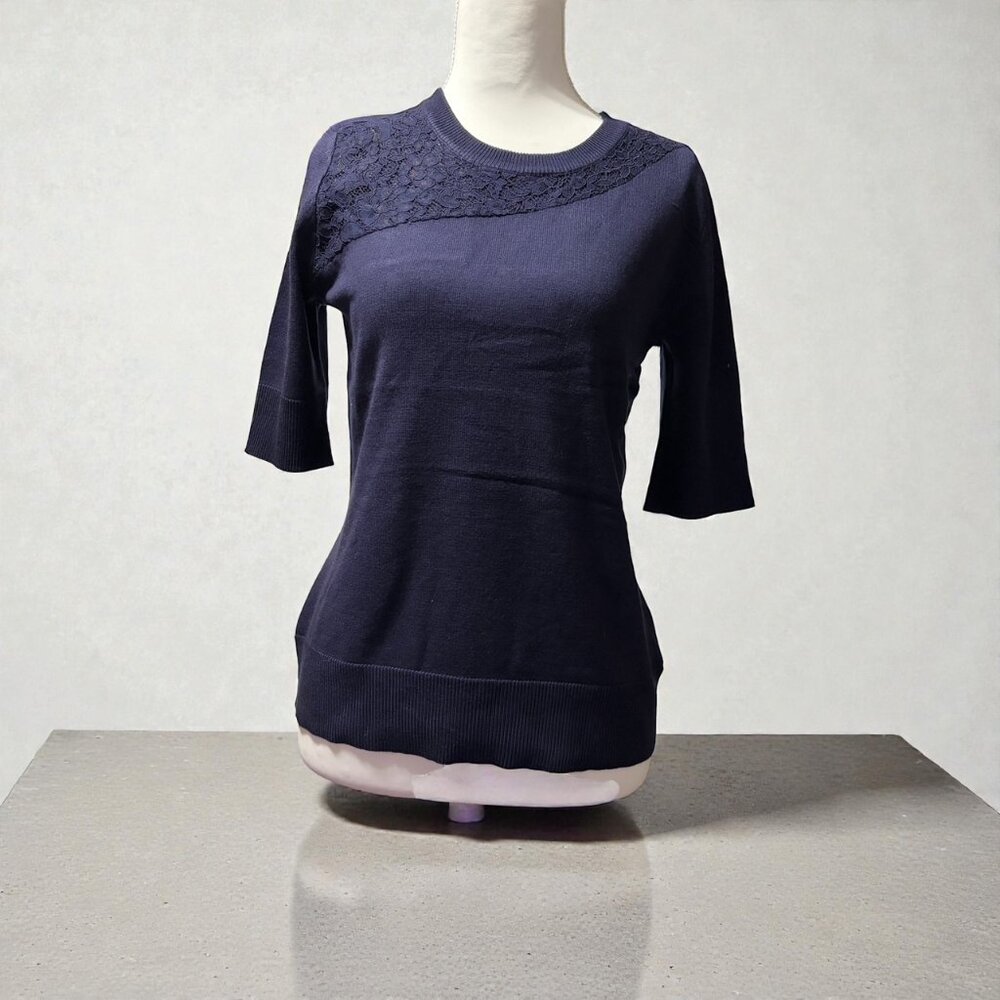 Melissa Paige Sweater XS Navy Blue Lace Knit Short Sleeve Top Luxe Coquette - Picture 7 of 8